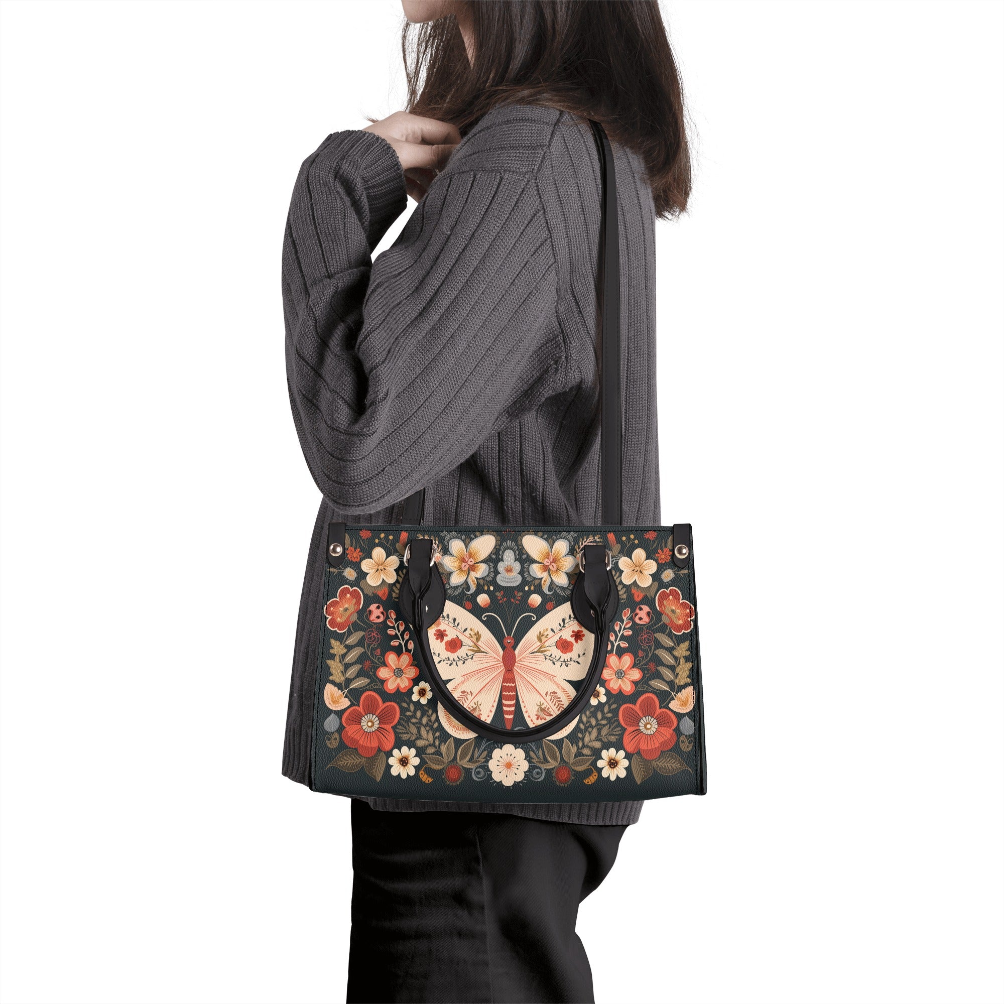 Ethnic Floral Butterfly Print Leather Tote Bag for Women