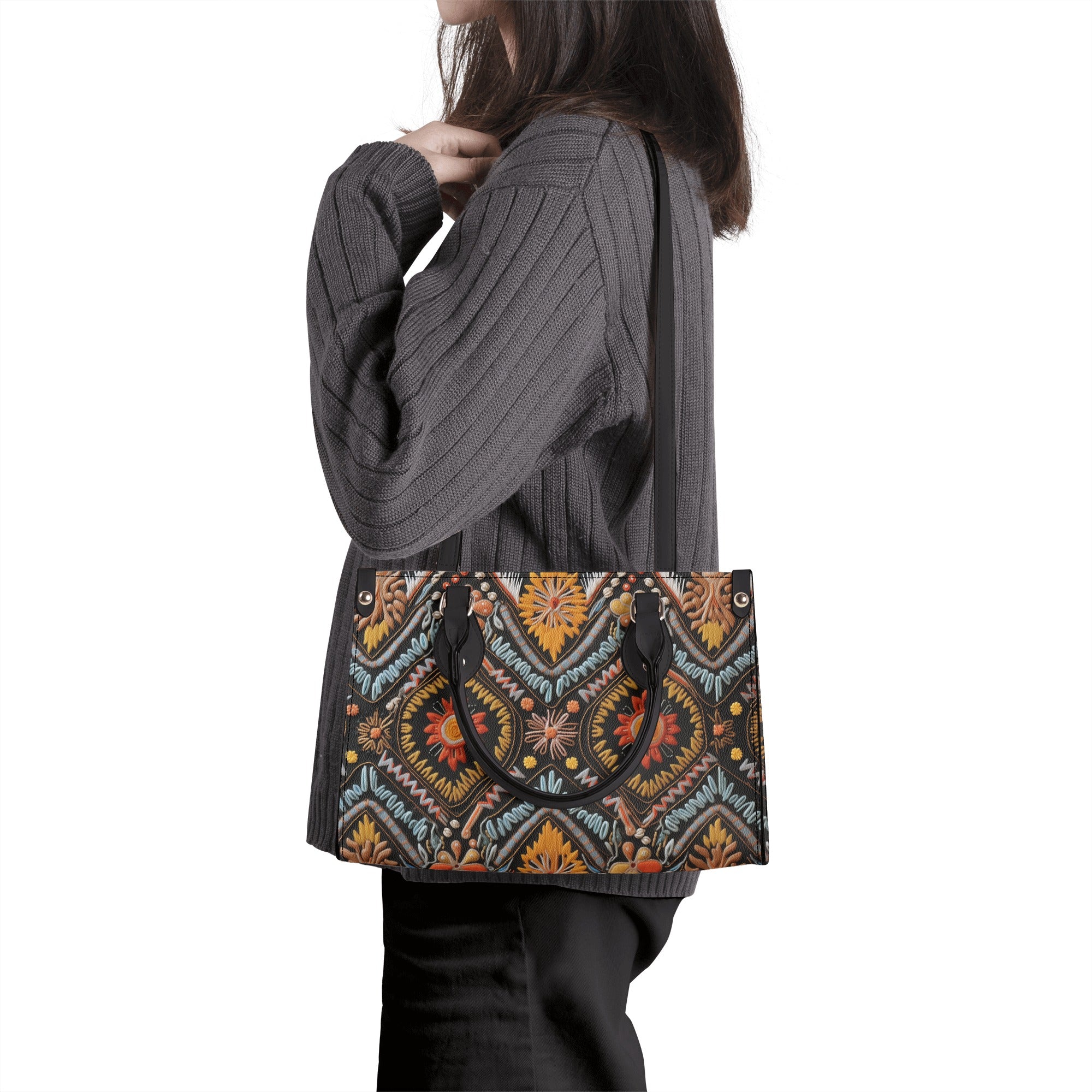 Native Embroidery Print Leather Handbag