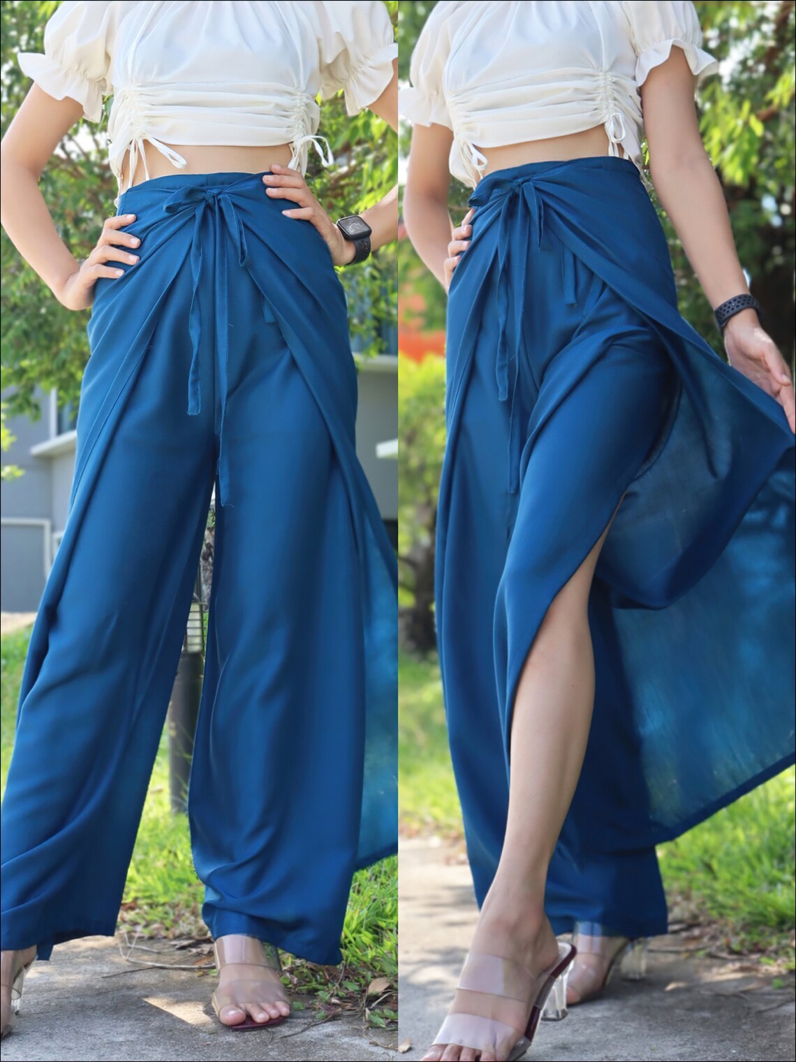 Boho style blue wrap pants with a front tie, paired with a white top, shown from front and side views to highlight the design.