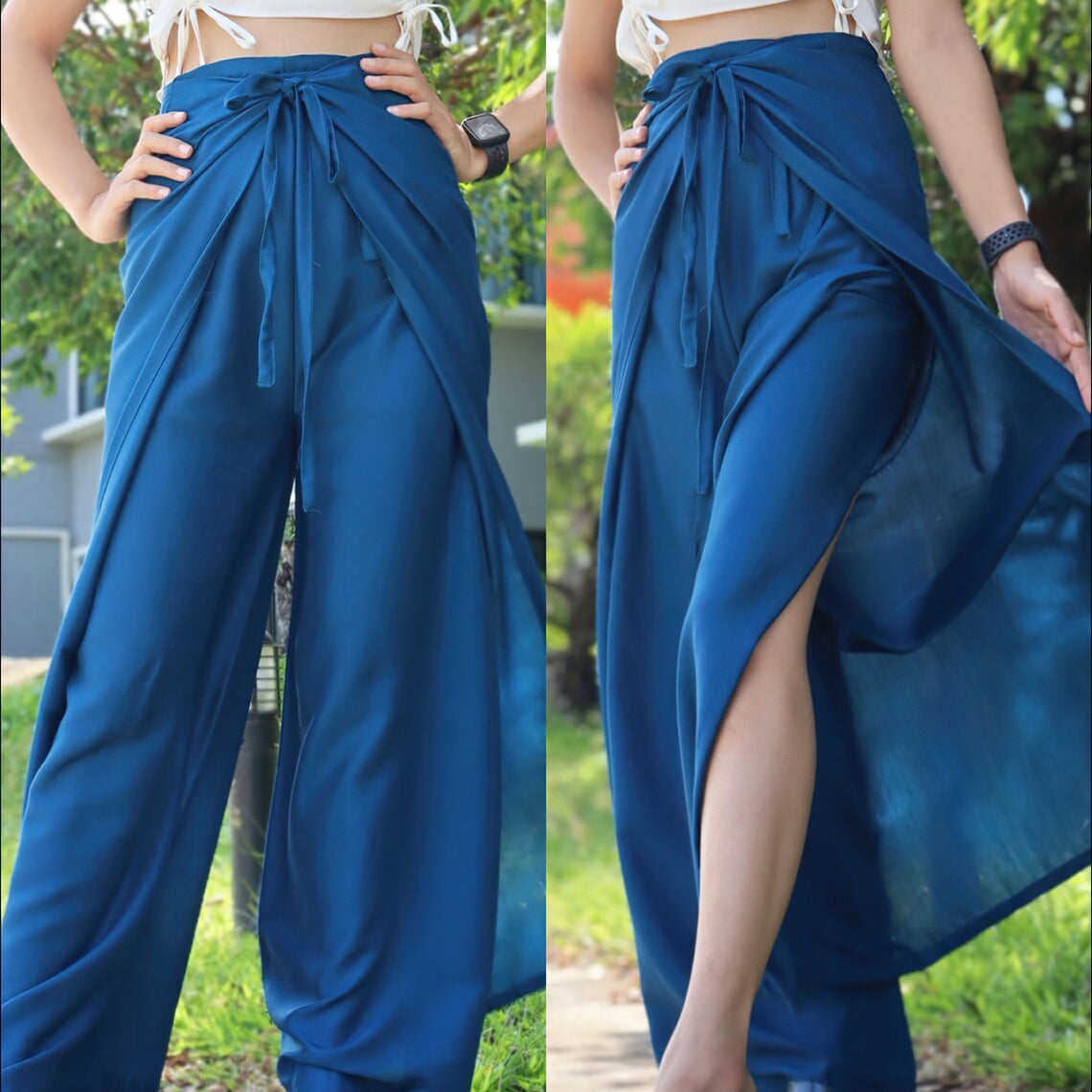 Boho style blue wrap pants with a front tie, paired with a white top, shown from front and side views to highlight the design.