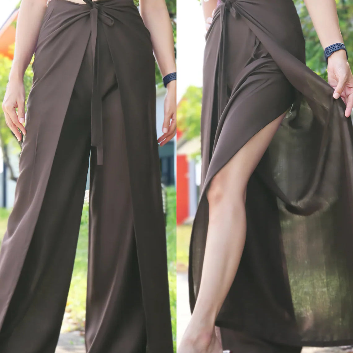 Boho brown wrap pants, paired with a white fringed crop top and clear strapped heels, showcased in a natural outdoor setting.