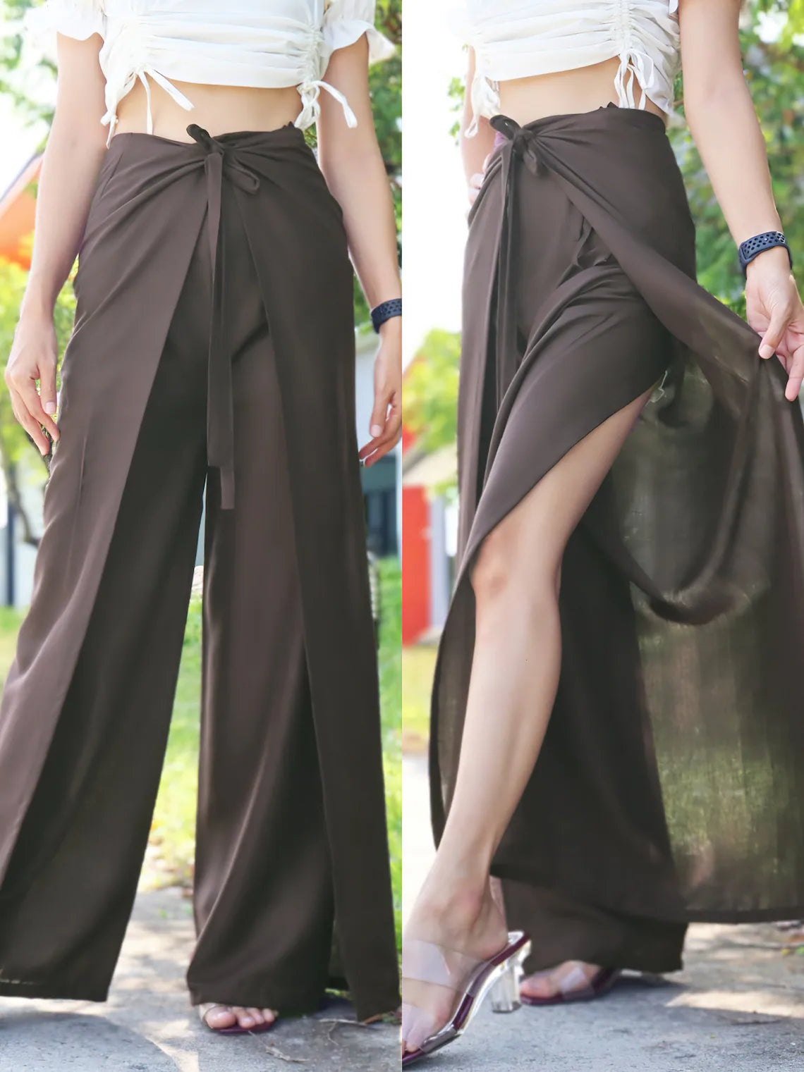 Boho brown wrap pants, paired with a white fringed crop top and clear strapped heels, showcased in a natural outdoor setting.