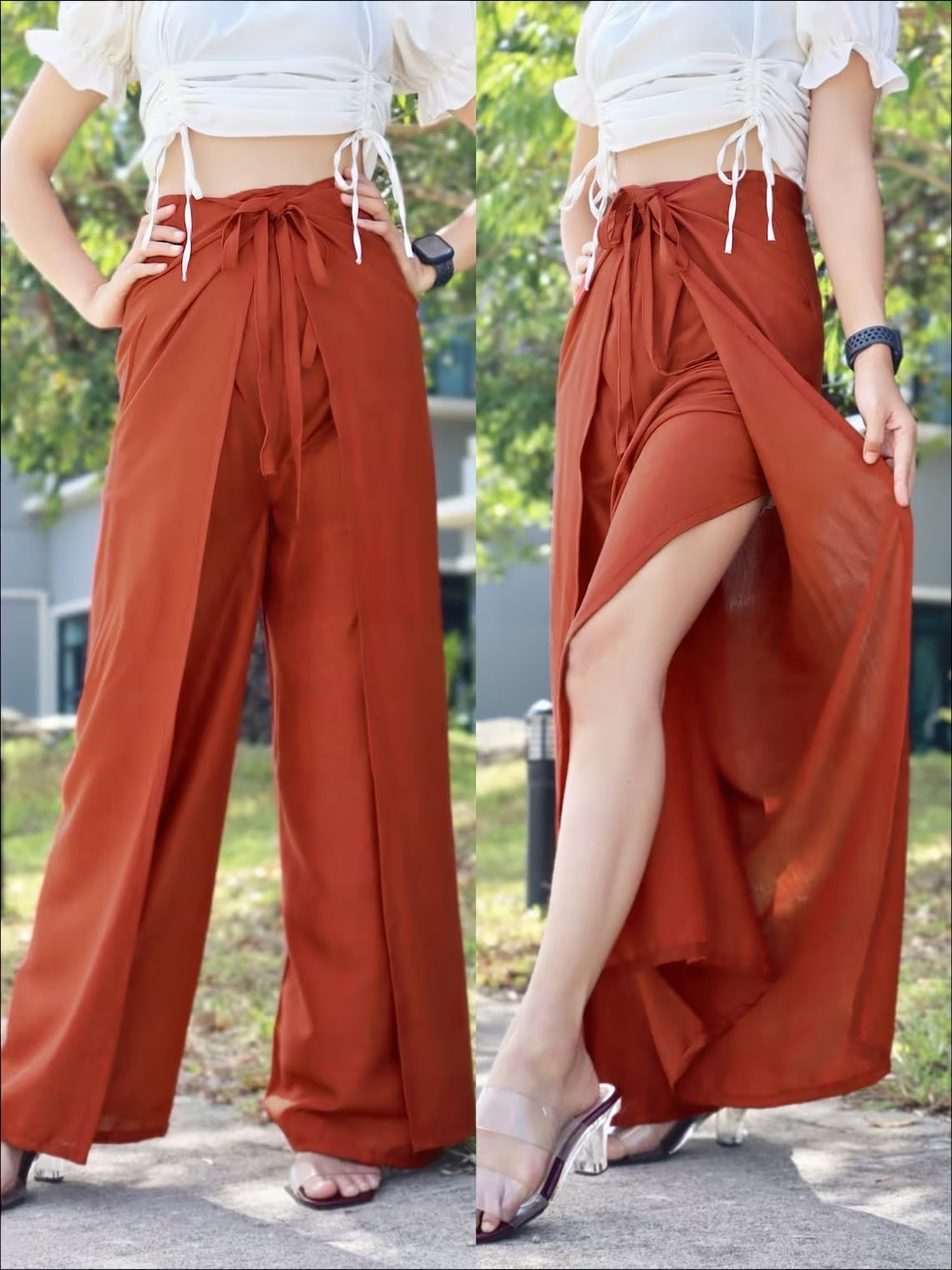 Boho-style burnt orange wrap pants with a white top, displayed in two angles to showcase the versatile and stylish design.