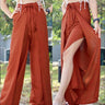 Boho-style burnt orange wrap pants with a white top, displayed in two angles to showcase the versatile and stylish design.