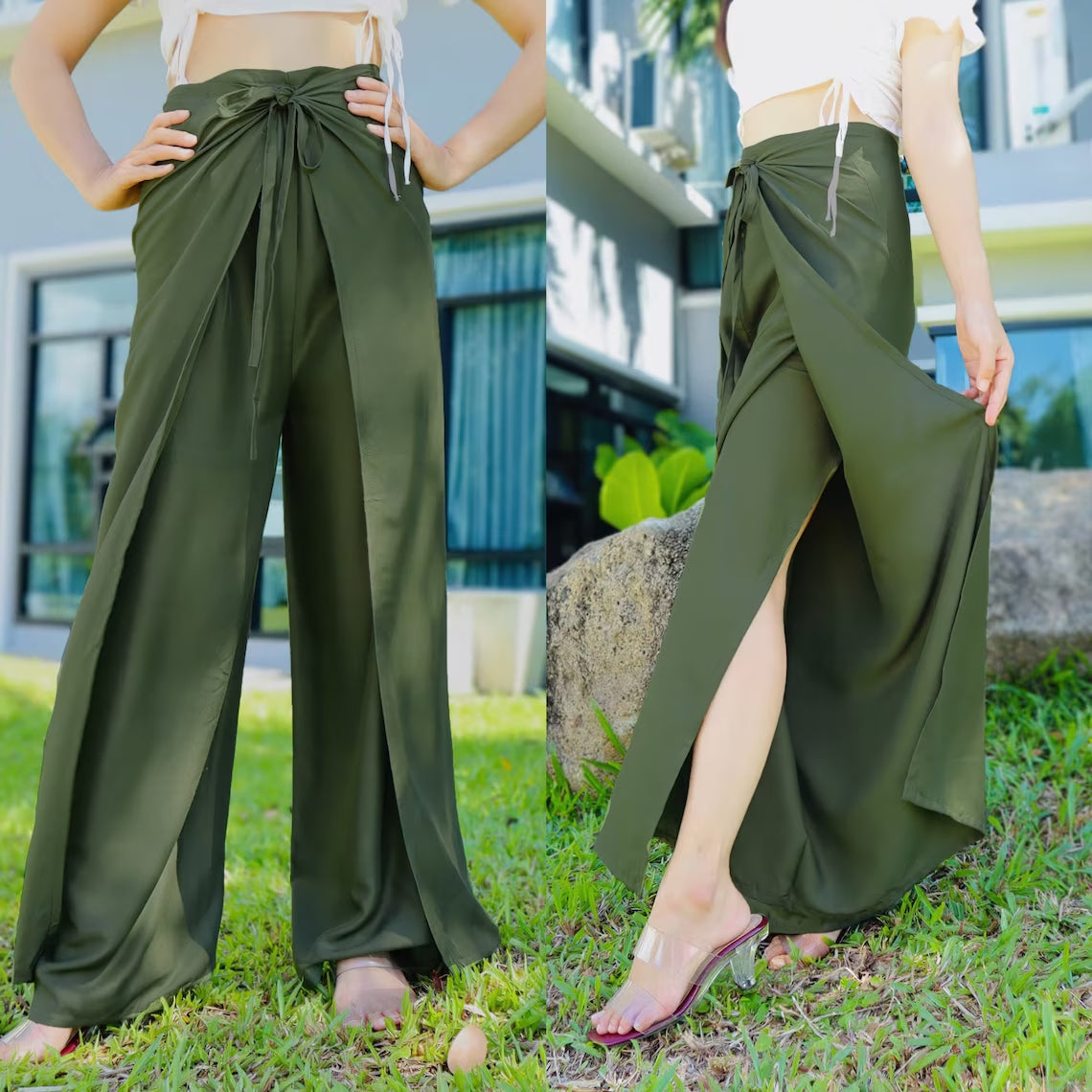 Stylish green wide-leg pants with a high waist and bow tie, paired with a white crop top, showcased in an outdoor setting with natural lighting.