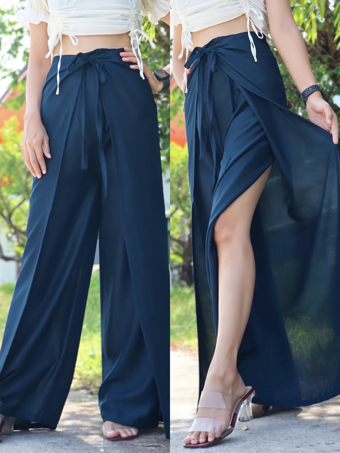 Chic navy blue wrap pants with a tie waist, showcased from different angles to highlight the elegant, flowy design