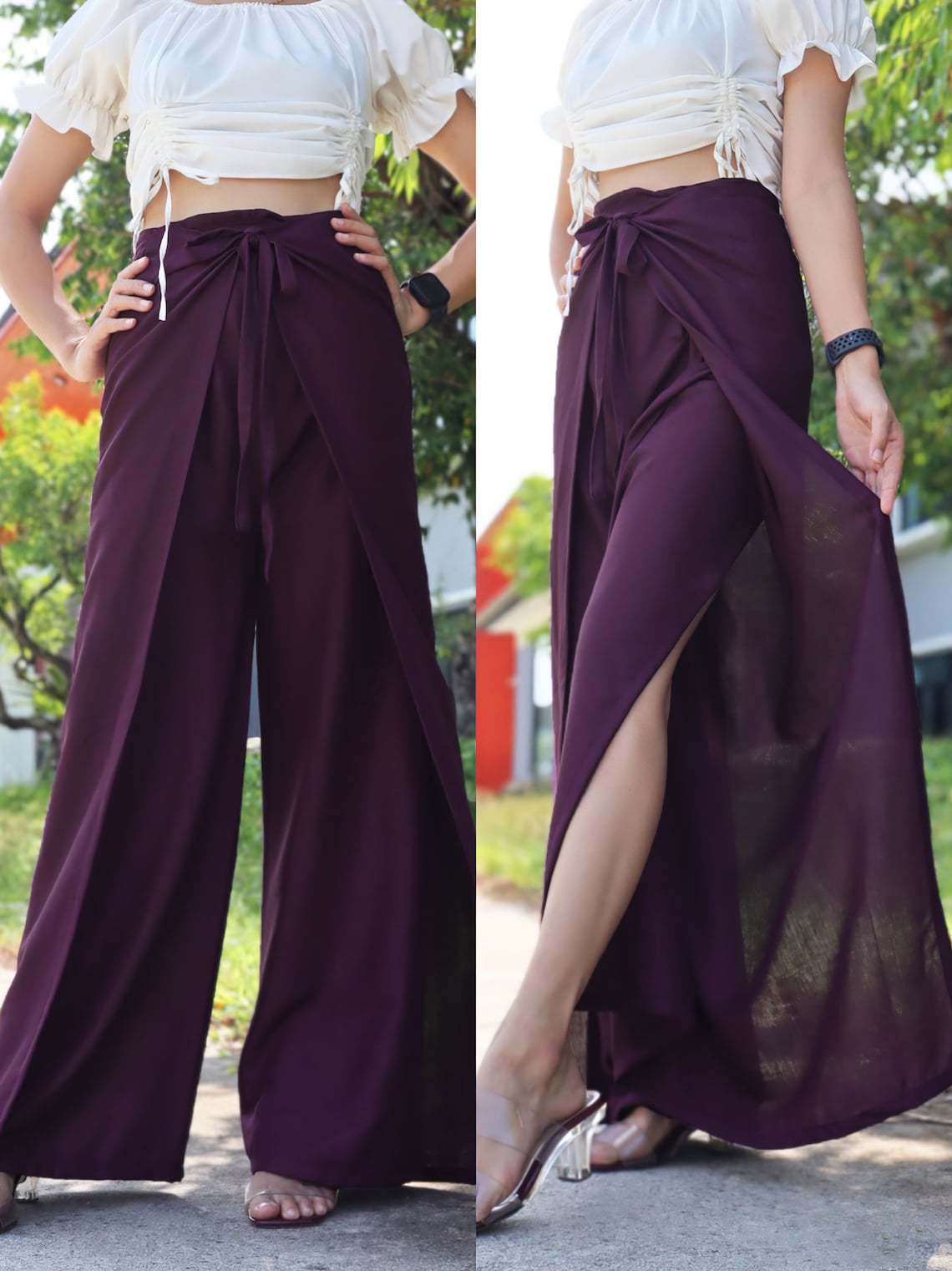 Boho-style deep purple wrap pants with a white cropped top, showcasing the front and side views with a natural outdoor backdrop