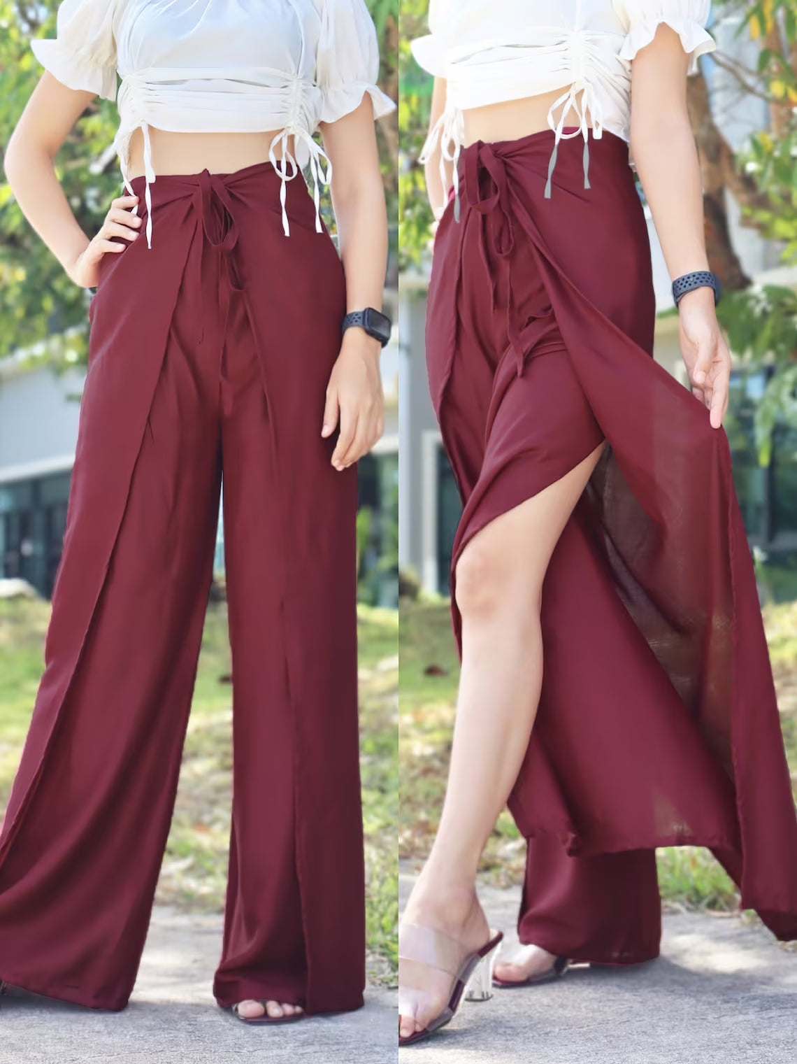 Elegant boho-style wrap pants in a rich maroon color, paired with a white top, showcasing the flowy and airy design against an outdoor backdrop.