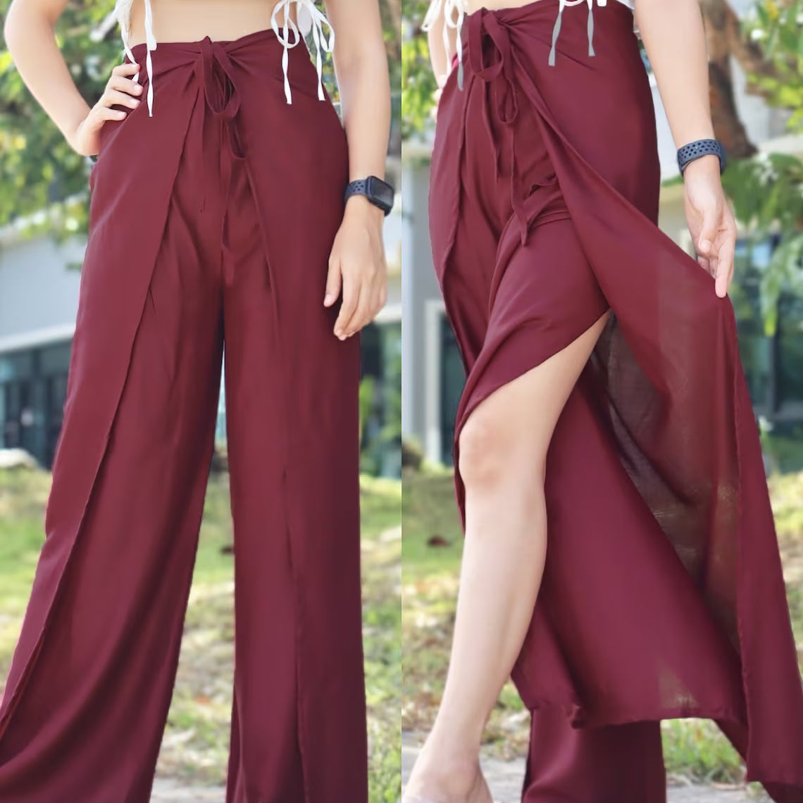 Elegant boho-style wrap pants in a rich maroon color, paired with a white top, showcasing the flowy and airy design against an outdoor backdrop.