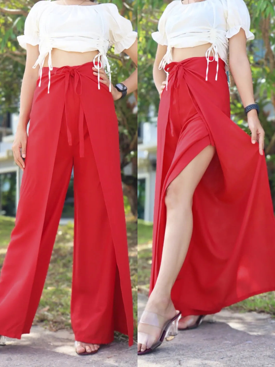 Boho-style red wrap pants with a white cropped top, displayed from various angles to showcase the vibrant design and versatility.