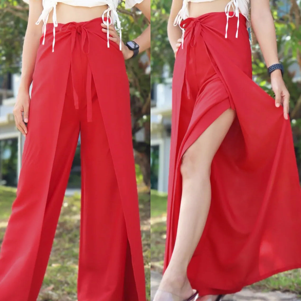 Boho-style red wrap pants with a white cropped top, displayed from various angles to showcase the vibrant design and versatility.