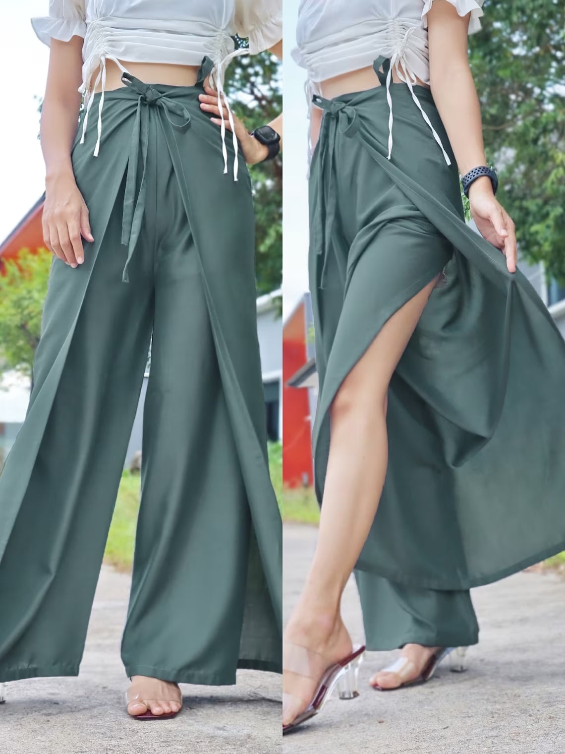 Stylish slate gray wrap pants with a white string tie, paired with a white top and clear heels, presented in an outdoor setting.