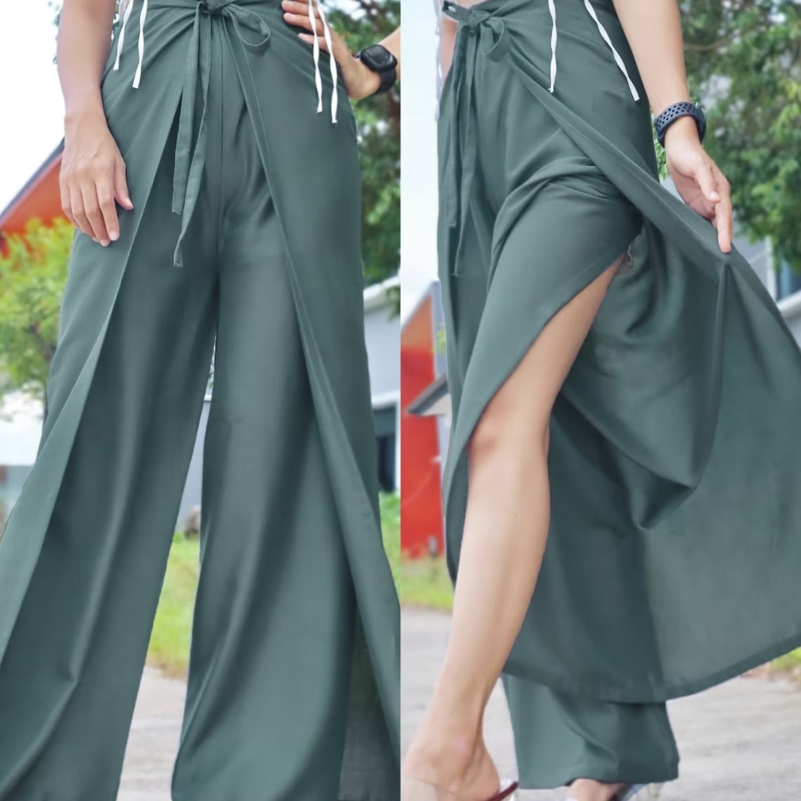 Stylish slate gray wrap pants with a white string tie, paired with a white top and clear heels, presented in an outdoor setting.