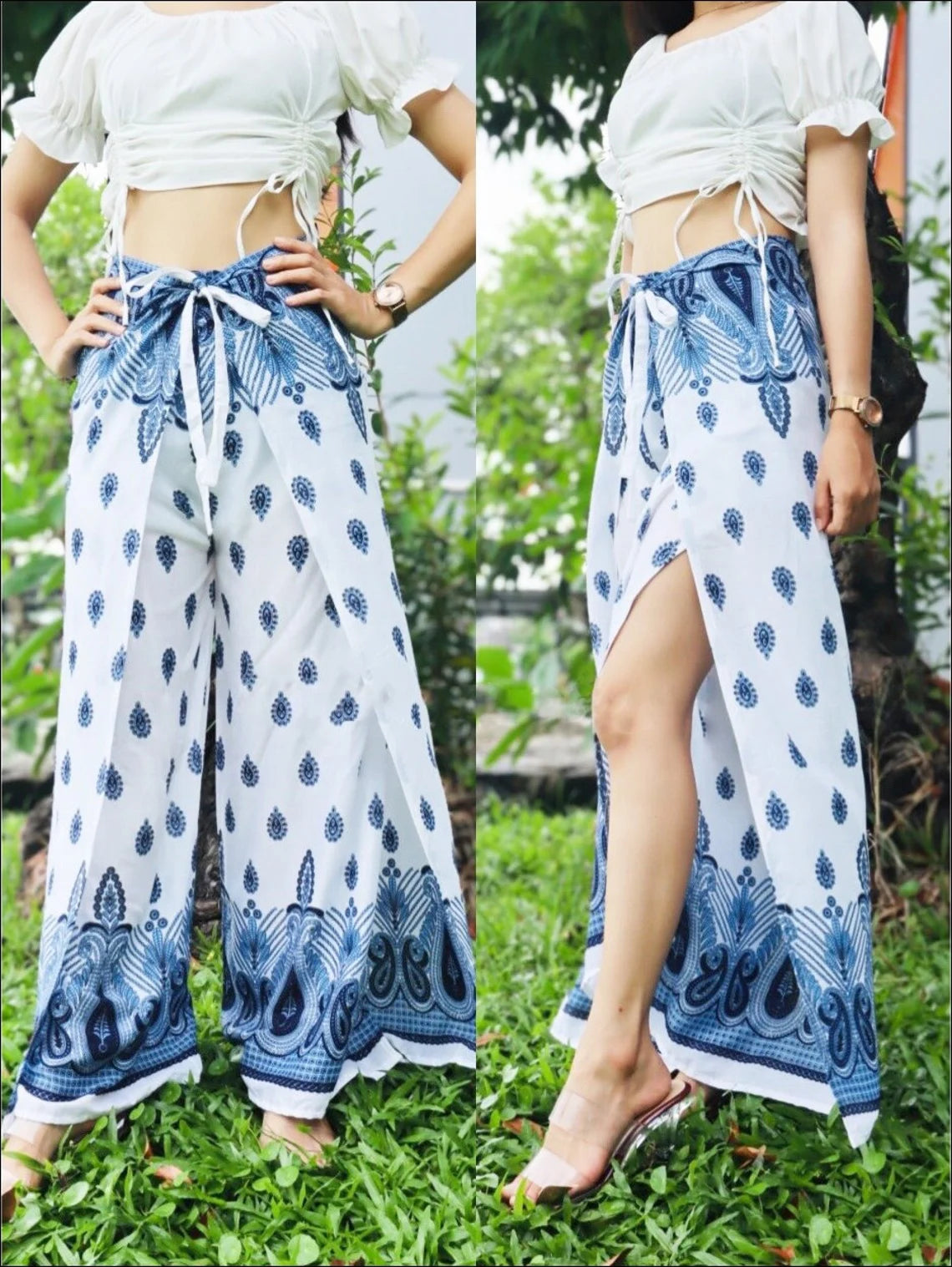 Chic boho wrap pants with a white and blue pattern, showcasing the unique wrap design in a natural outdoor setting.