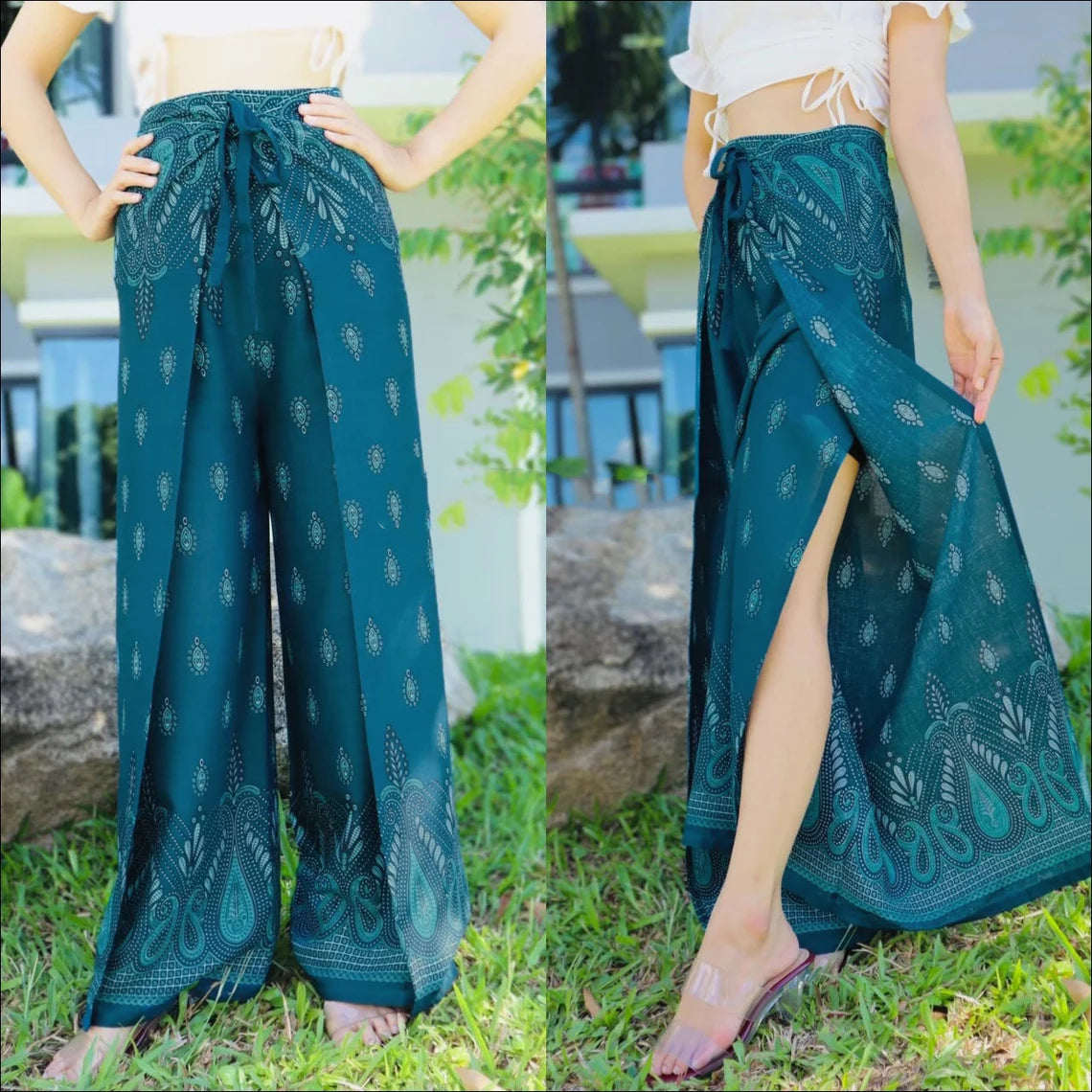 Elegant dark green Boho Wrap Pants with intricate light green patterns, showcasing the front and side wrap design for a stylish and comfortable fit.