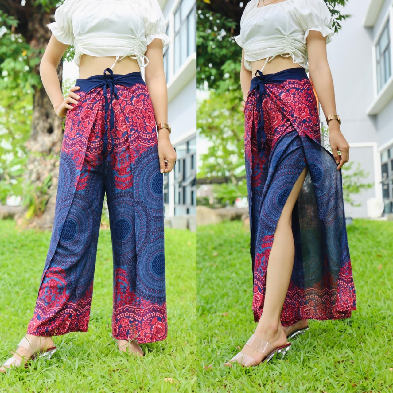 Stylish boho beach wrap pants with intricate red and blue pattern and white crop top on outdoor model.