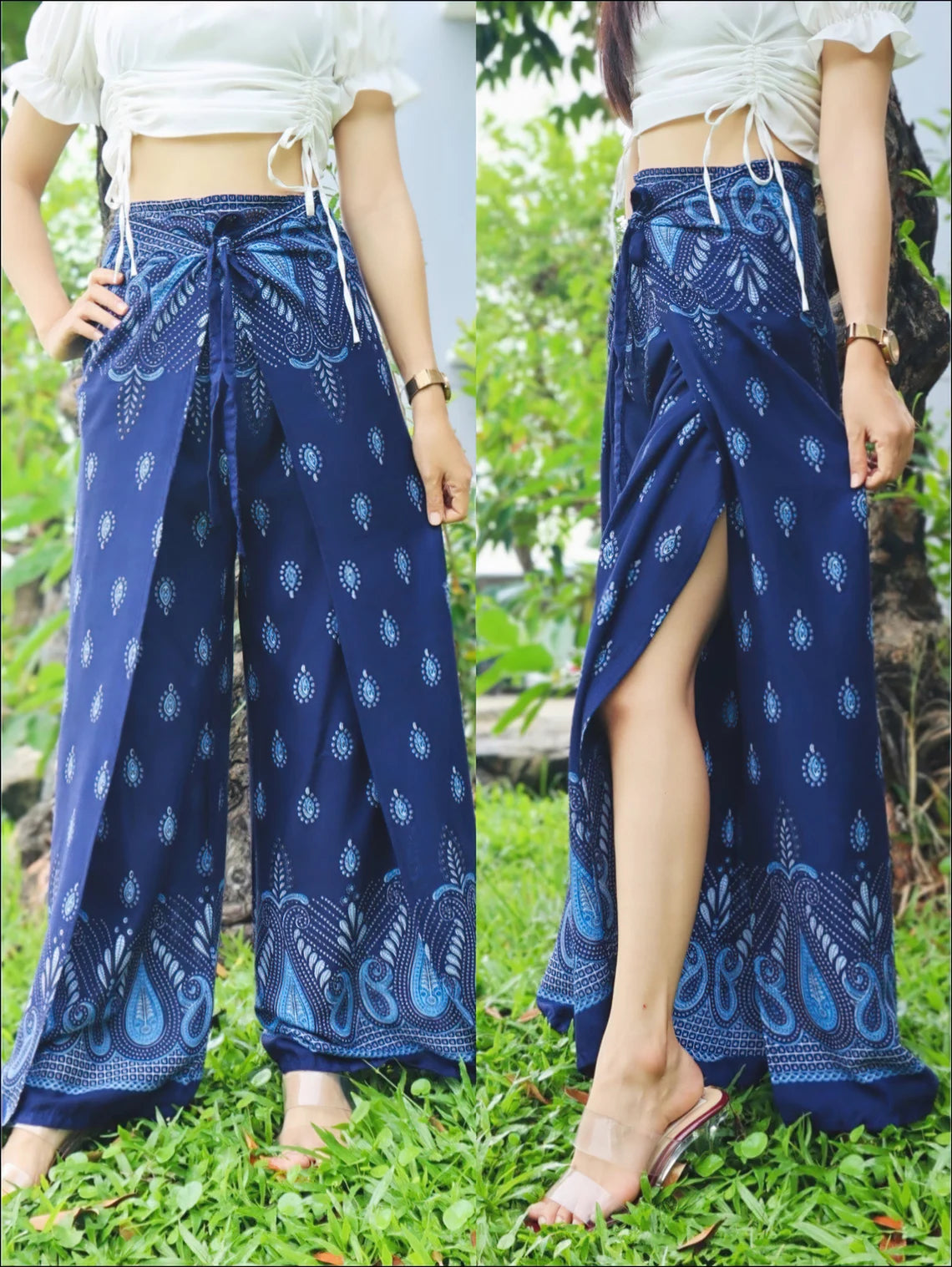 A person wearing boho blue wrap pants with intricate white patterns, paired with a white tied-up top, showcasing the front and side views of the outfit.
