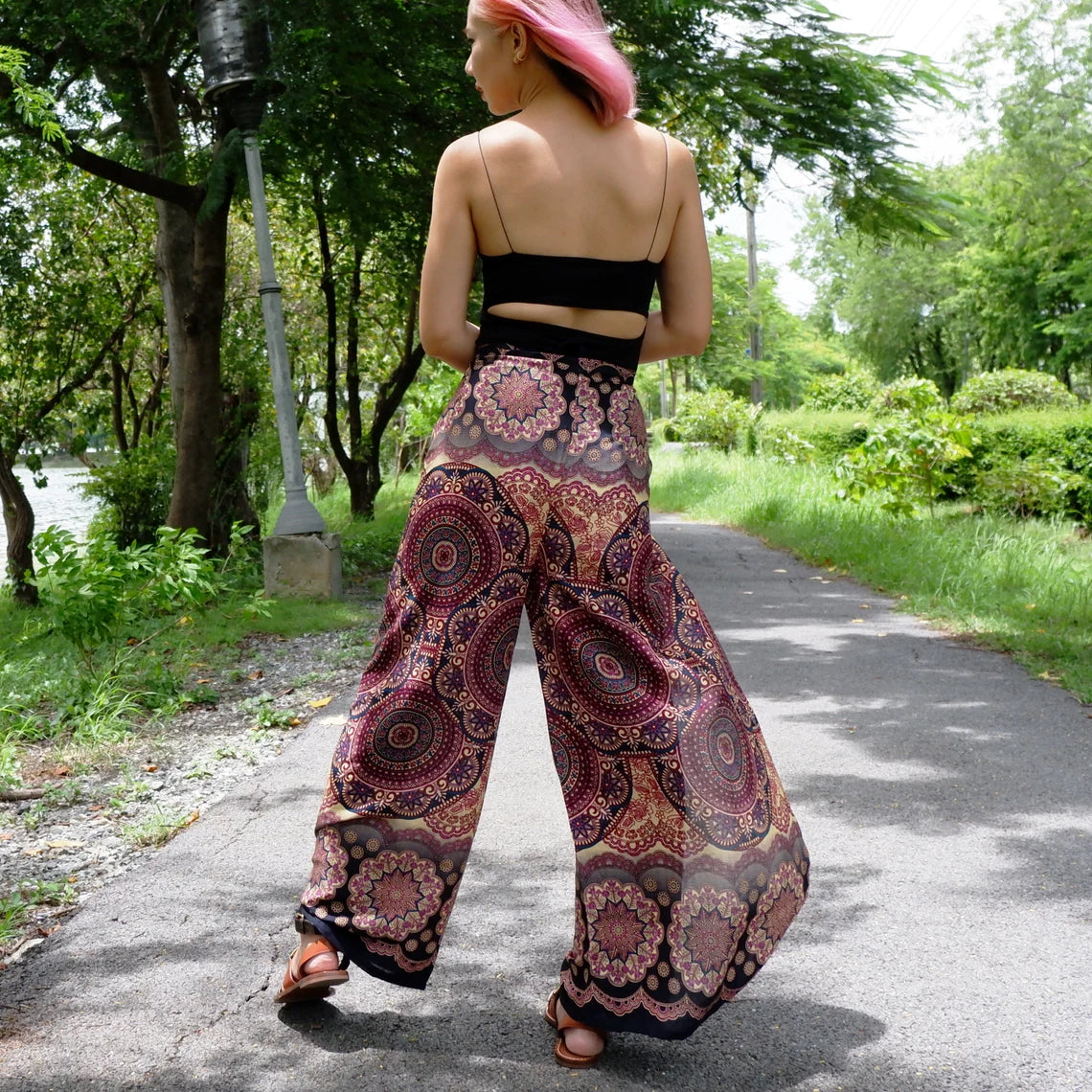 パンツ SOSNOVSKA FLORAL WRAP FRONTO PANTS Black Satin Wrap Around Trousers, Wrap Pants, Palazzo Pants