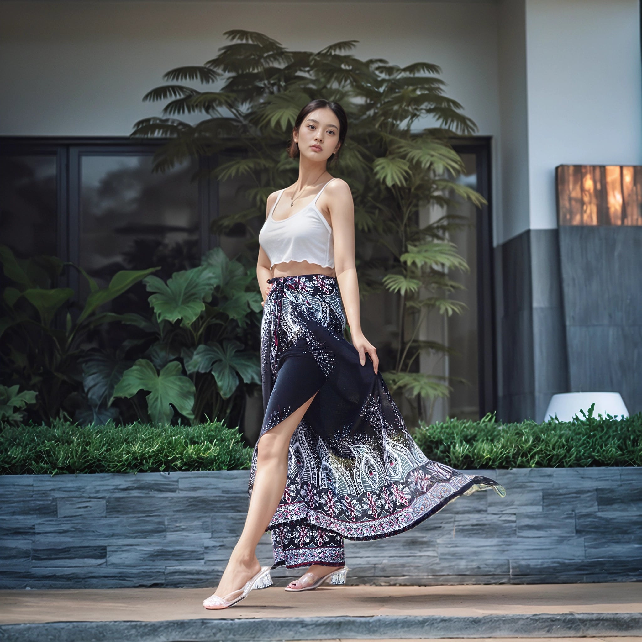 Woman walking in flowy navy wrap pants with peacock feather print, styled for a festival vibe.