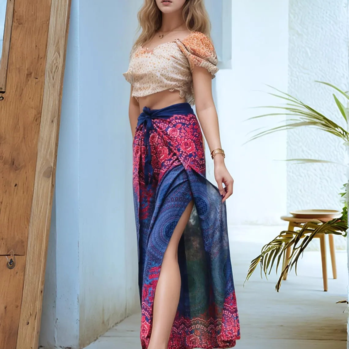 Woman wearing boho wrap pants with red and navy mandala print – side slit style for summer or festival wear