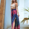 Woman wearing boho wrap pants with red and navy mandala print – side slit style for summer or festival wear
