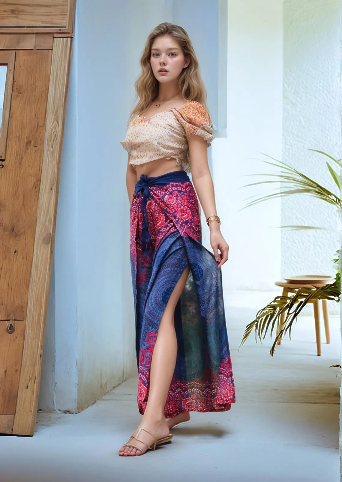Woman wearing boho wrap pants with red and navy mandala print – side slit style for summer or festival wear