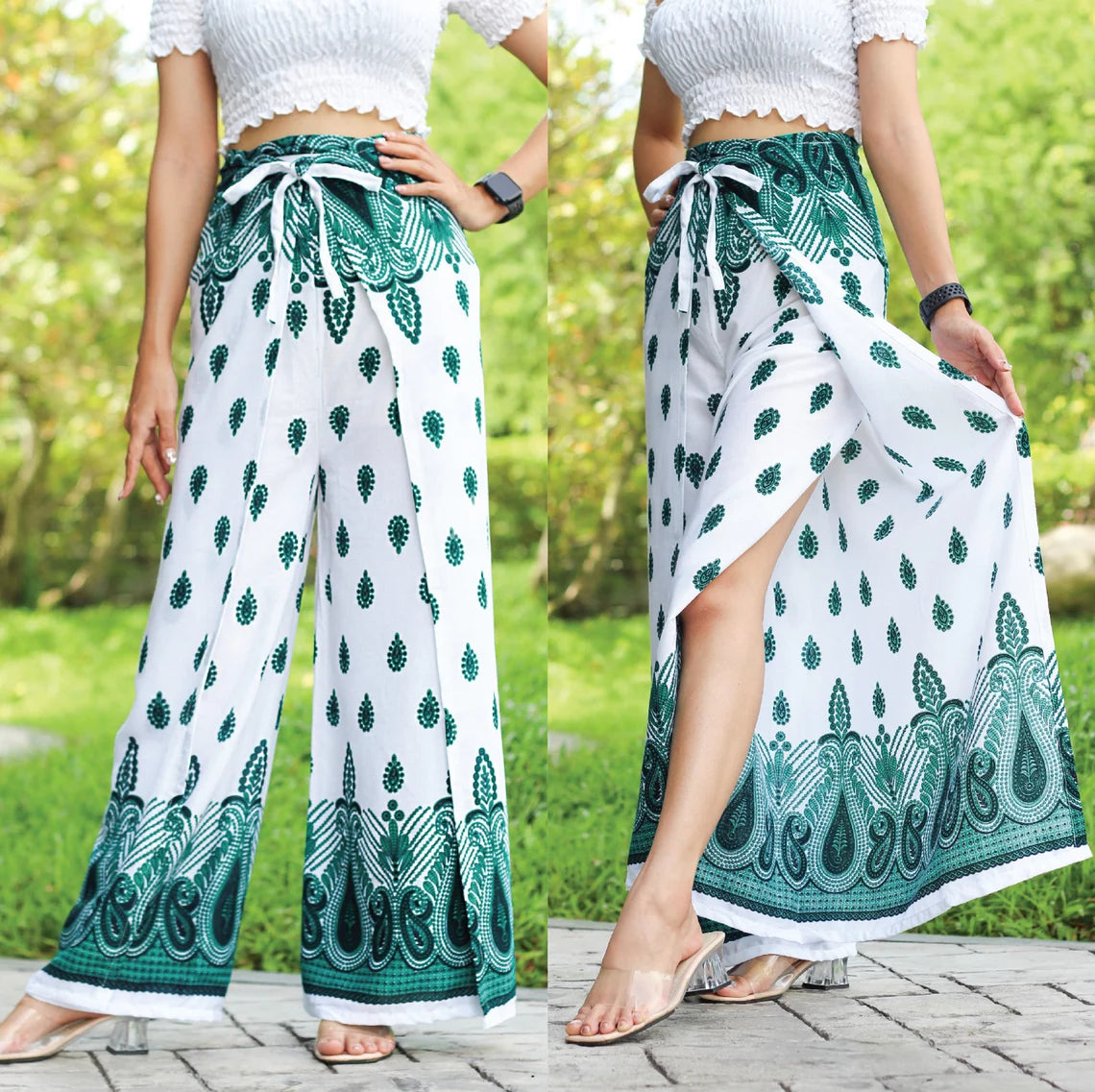 A person wearing stylish boho wrap pants with a white and green pattern, paired with a white top, showcasing the outfit’s versatility and comfort.