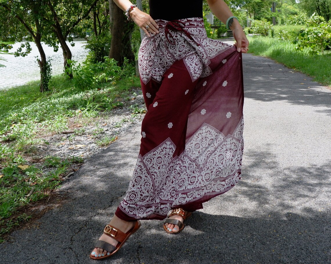 Burgundy Red Boho Wrap Pants with Floral Print in Outdoor Setting