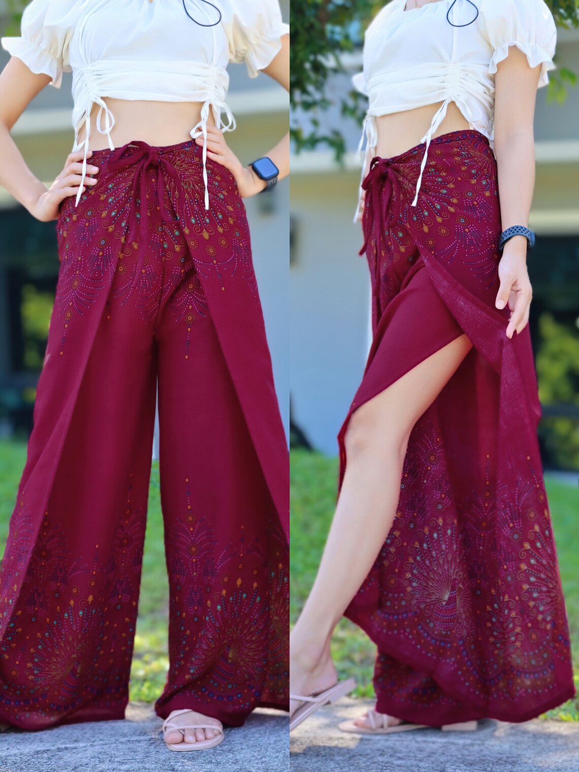Chic maroon boho wrap pants with peacock feather print, paired with a white lace-up crop top for a trendy look.