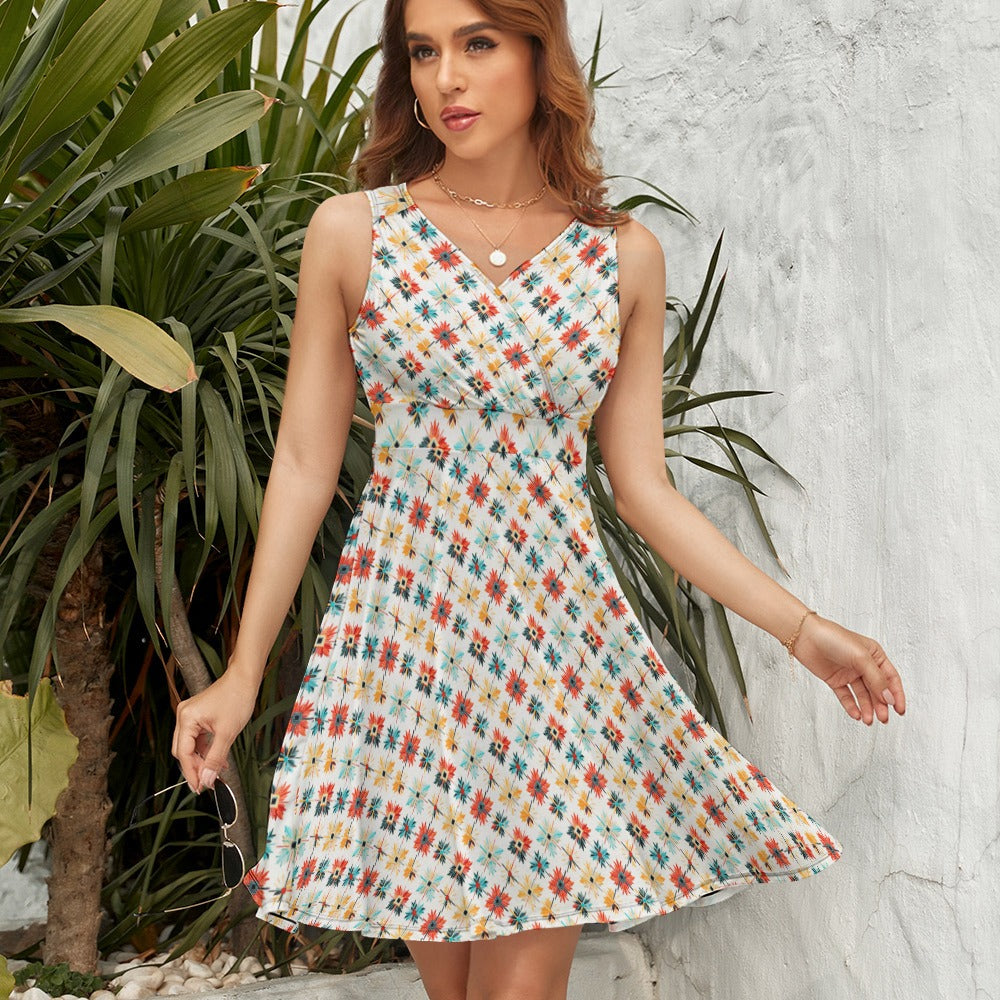 Sunburst V-Neck Mini Dress - Flirty & Fun