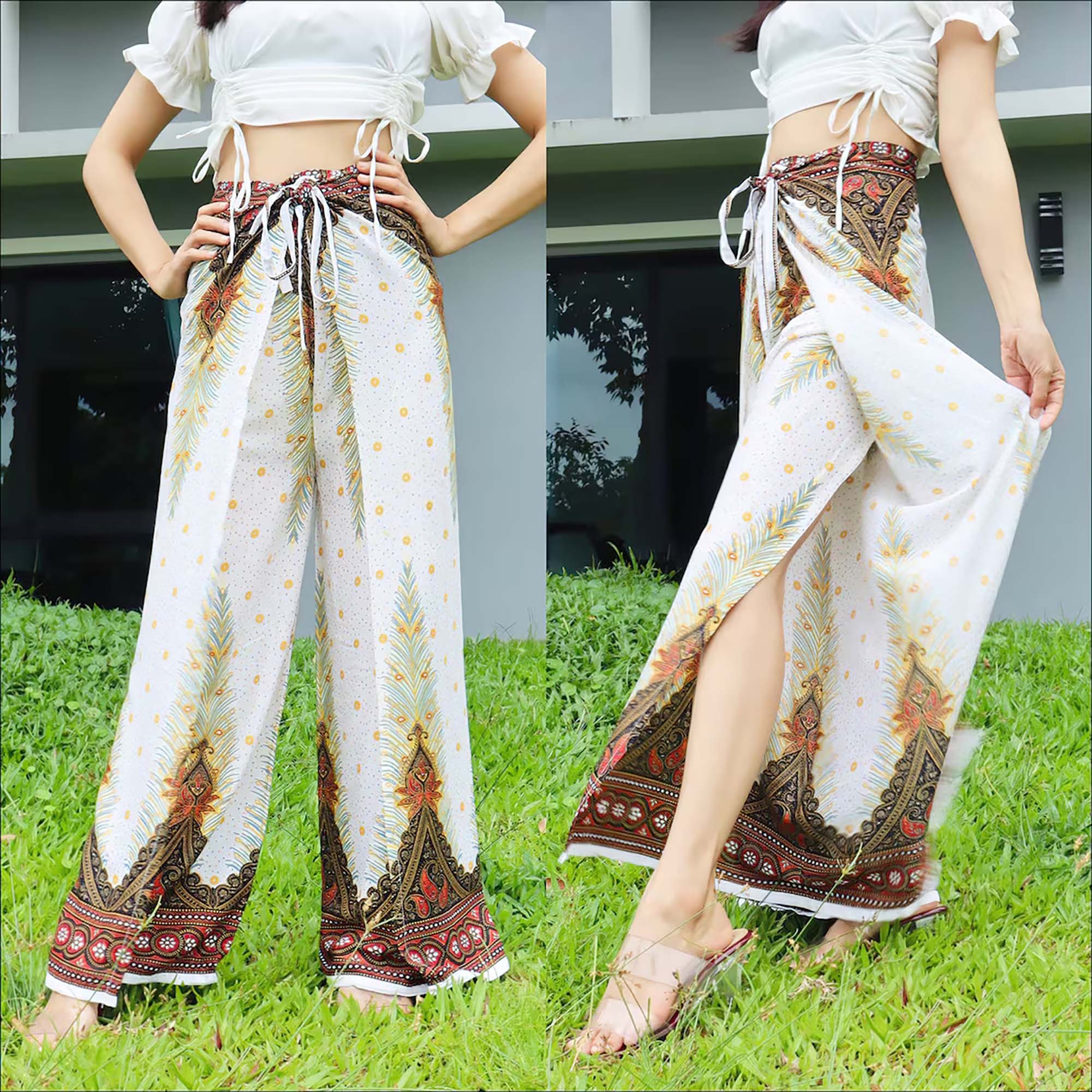 Elegant White Boho Feather Print Wrap Pants in Outdoor Setting