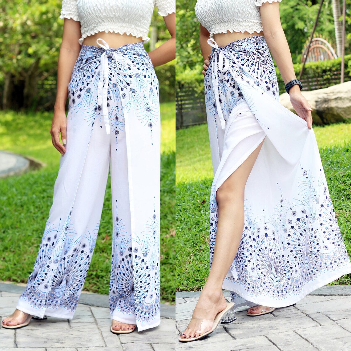 Elegant white boho wrap pants featuring a unique peacock print, perfect for a stylish and relaxed look.