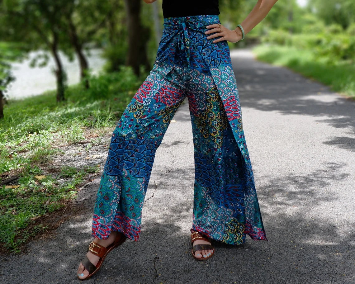 Eye-catching boho wrap pants with a distinctive blue petals print, ideal for a stylish and relaxed look.
