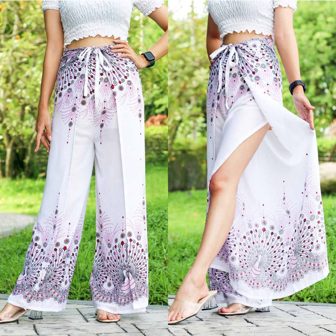 Fashionable white boho wrap pants with pink peacock print, perfect for a vibrant and trendy summer look.