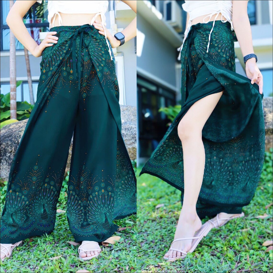 Sophisticated midnight green boho wrap pants with peacock print, ideal for a fashionable outdoor attire.