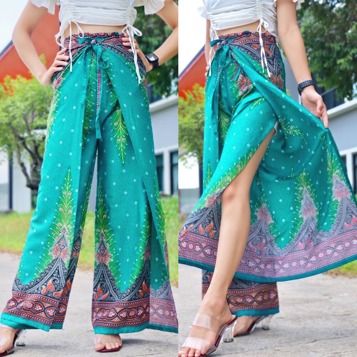 Eye-catching turquoise boho feather print wrap pants paired with a crisp white top, perfect for a fresh summer look.
