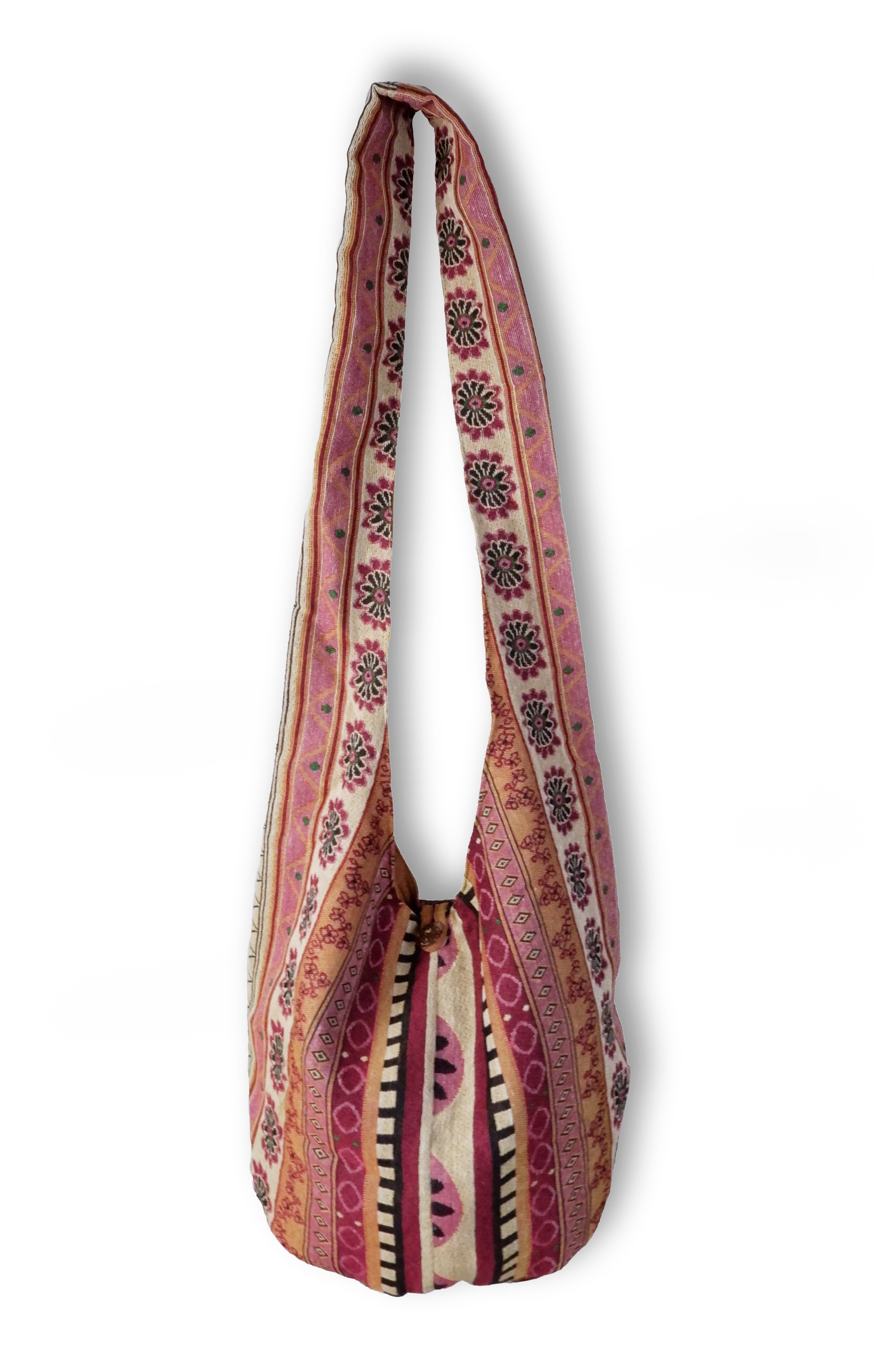 Stylish Vegan Boho Crossbody Bag - Durable Native Woven Fabric with Chic Flower Print - hippiealley